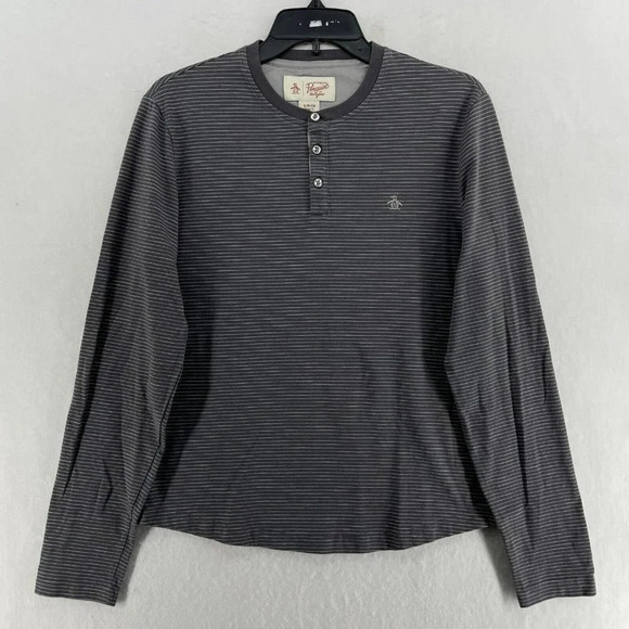 Penguin Munsingwear Henley Shirt Men's Sz S Gray Round Neck Striped Long Sleeve - Picture 1 of 11